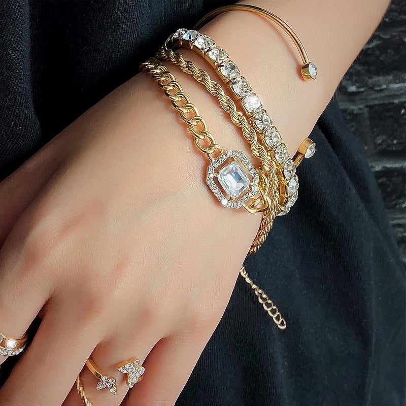 IFKM Gold Bracelets for Women, 14K Gold Plated Dainty Layered Chain Bracelets Adjustable Cute Bangle Link Bracelet Set - Image 2